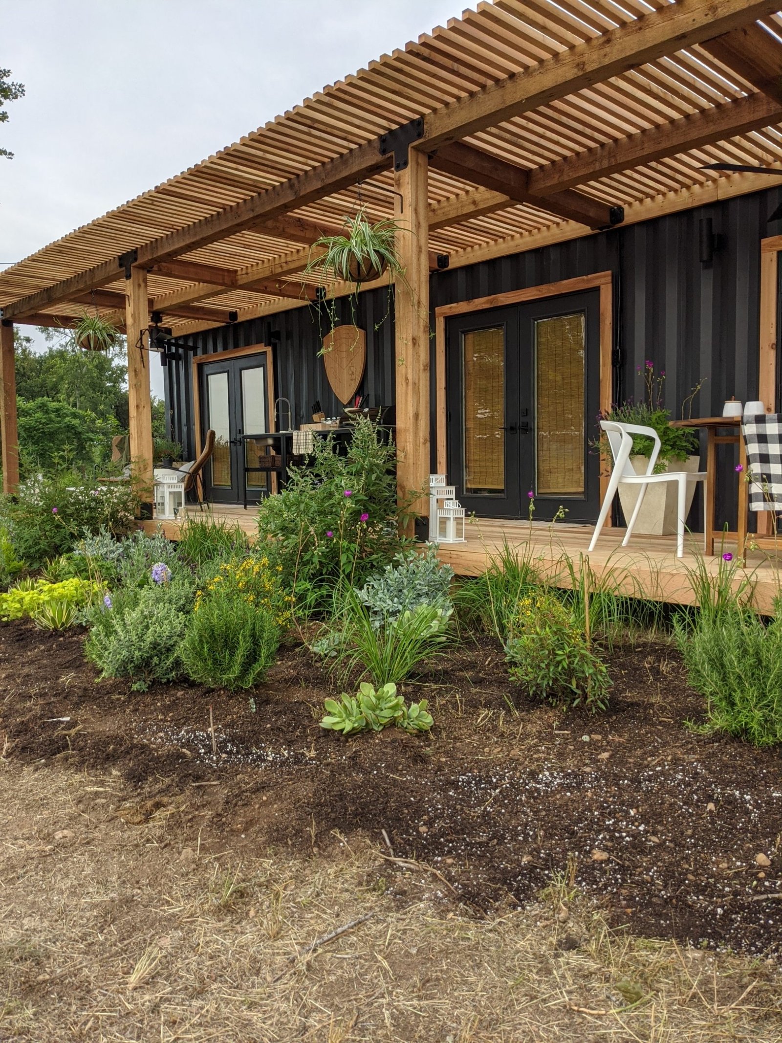 Black container home with cedar pergola and planted border